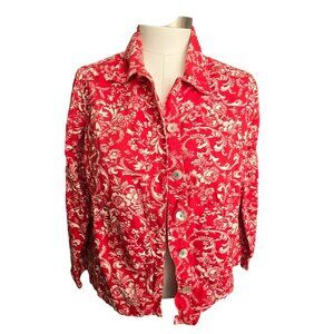 Red & White Floral Patterned Button-Up Womens Jacket Shacket Size M JJ4150